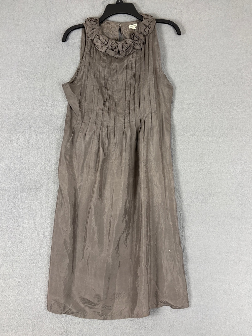 Chan Luu Taupe Sleeveless Pleated Dress with Rosette Neckline